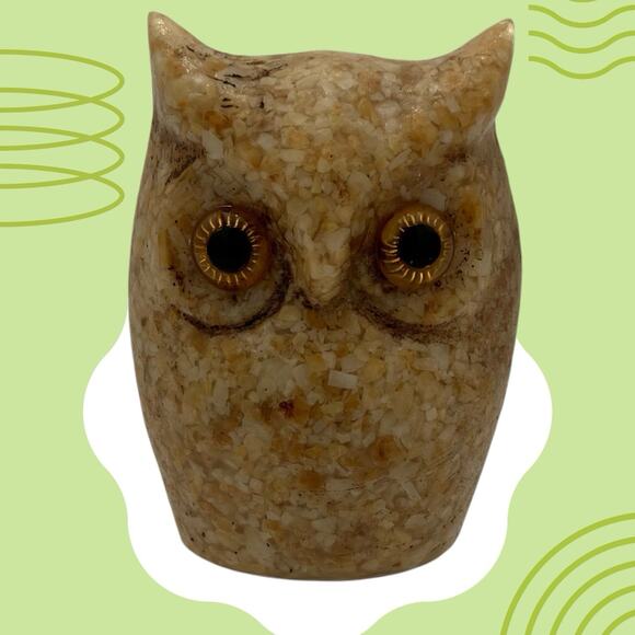 Vintage MCM Carved Stone Owl Figurine Hand Carved Yellow Glass Eyes - Picture 1 of 9